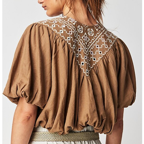 NEW FREE PEOPLE TAN WHITE JONI EMBROIDERED CROPPED SHIRT TOP SZ XL - Picture 5 of 9
